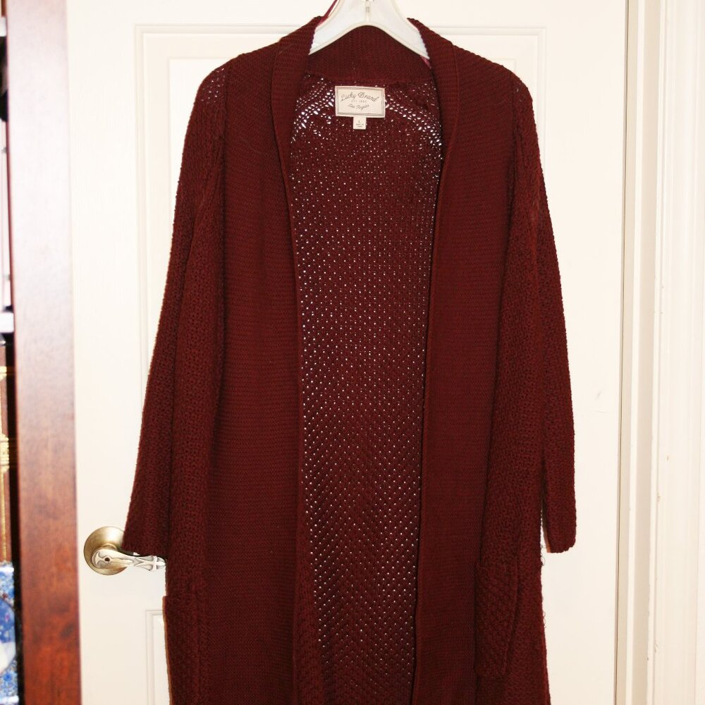 Lucky Brand Knit Open Front Long Dark Red Cardigan Sweater Sz L
